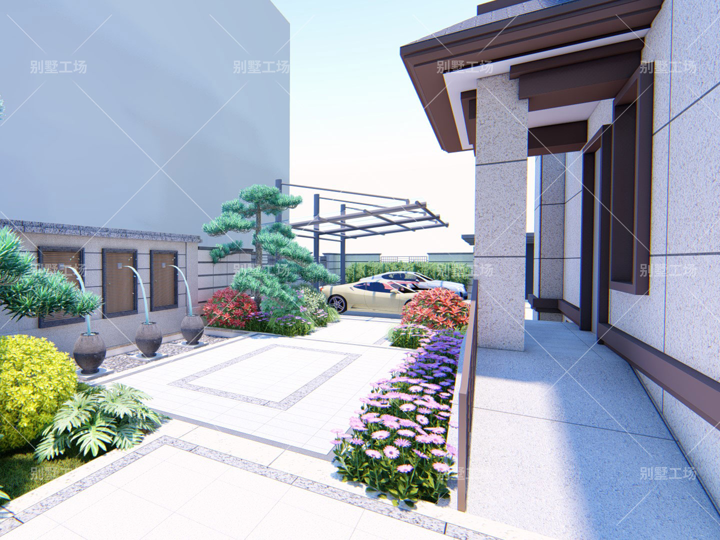 别墅庭院设计效果图,四层豪华新中式带车库