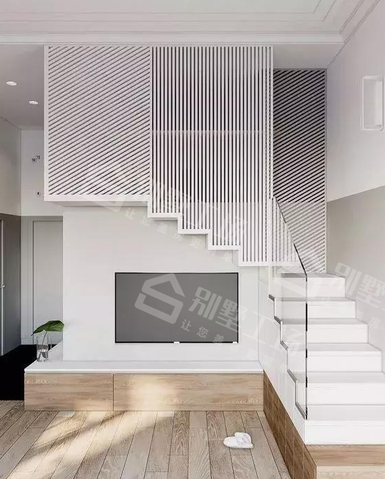 楼梯+电视墙的别墅楼梯装修效果图